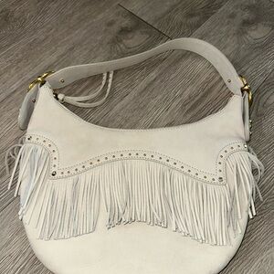 Michael Kors Bone Suede Leather Fringe Western Boho Shoulder Bag Purse